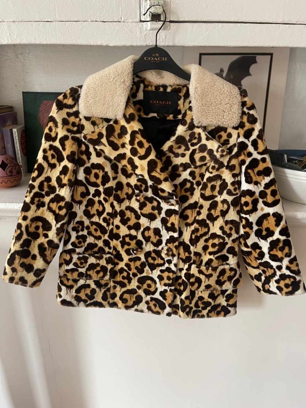 COACH Leopard-Print Teddy Jacket with Shearling Collar - Brown/Tan/Black